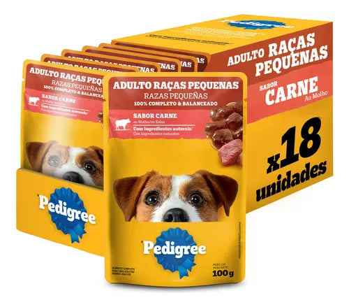 Pack Ração Úmida Pedigree para Cães Adultos Raças Pequenas Sachês Carne 100g - Caixa com 18 unidades